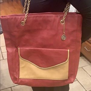 Red and tan tote bag